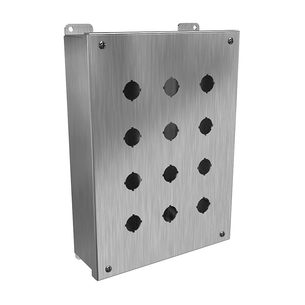 1435MS16O - Hammond pushbutton enclosure, 12 holes, 22mm, NEMA 3R/4/4X, 12 x 9 x 3in (HxWxD), wall mount, 316 stainless steel, #4 brush finish, hinged screw cover.