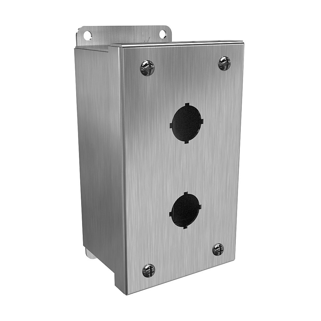 1435MSSB - Hammond pushbutton enclosure, 2 holes, 22mm, NEMA 3R/4/4X, 6 x 4 x 3in (HxWxD), wall mount, 304 stainless steel, #4 brush finish, screw cover.