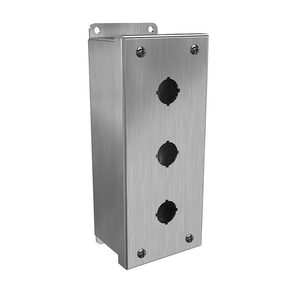 1435MSSC - Hammond pushbutton enclosure, 3 holes, 22mm, NEMA 3R/4/4X, 8 x 4 x 3in (HxWxD), wall mount, 304 stainless steel, #4 brush finish, screw cover.