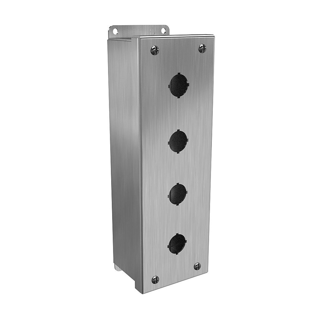 1435MSSD - Hammond pushbutton enclosure, 4 holes, 22mm, NEMA 3R/4/4X, 11 x 4 x 3in (HxWxD), wall mount, 304 stainless steel, #4 brush finish, screw cover.