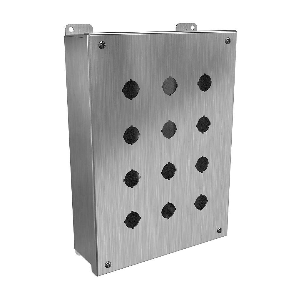 1435MSSO - Hammond pushbutton enclosure, 12 holes, 22mm, NEMA 3R/4/4X, 12 x 9 x 3in (HxWxD), wall mount, 304 stainless steel, #4 brush finish, hinged screw cover.