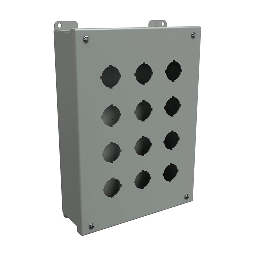1435O - Hammond pushbutton enclosure, 12 holes, 30mm, NEMA 12/13, 12 x 9 x 3in (HxWxD), wall mount, carbon steel, ANSI 61 gray, powder coat finish, hinged screw cover.