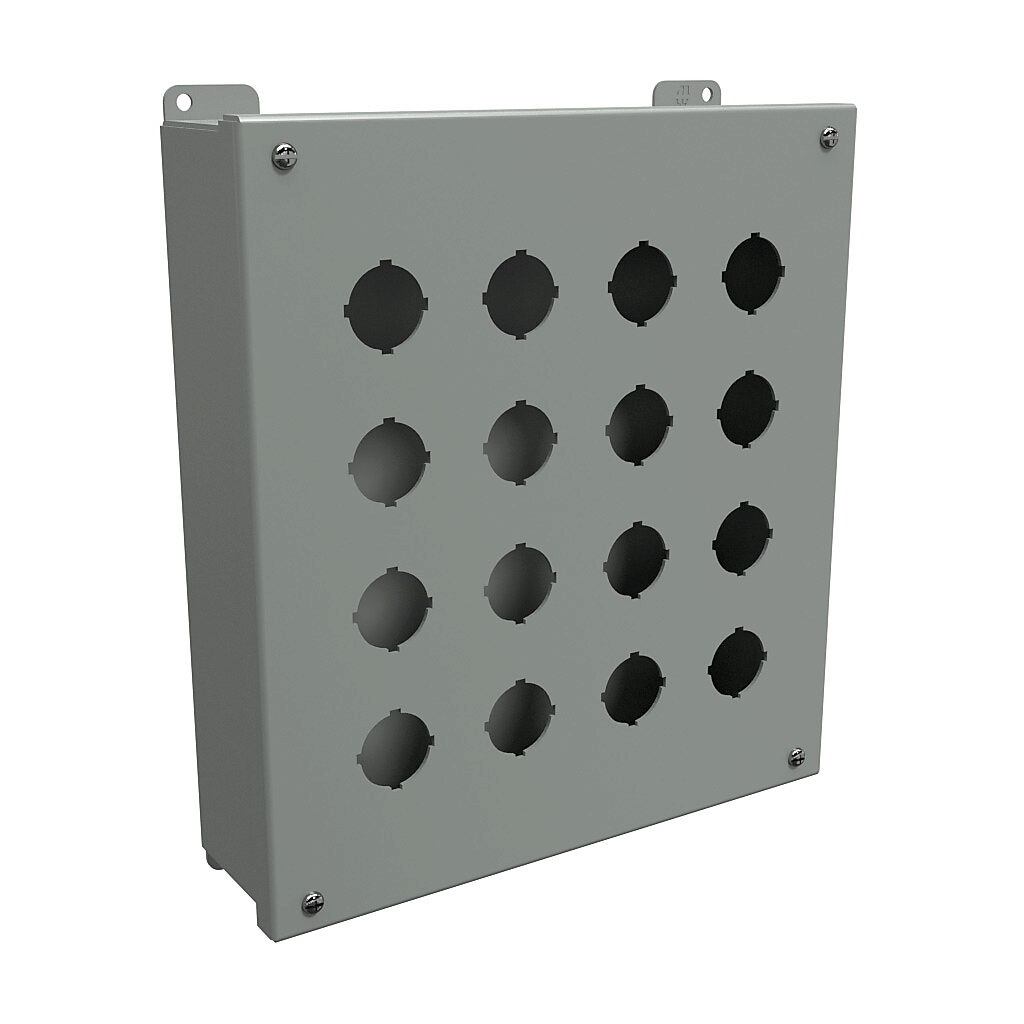 1435S - Hammond pushbutton enclosure, 16 holes, 30mm, NEMA 12/13, 12 x 11 x 3in (HxWxD), wall mount, carbon steel, ANSI 61 gray, powder coat finish, hinged screw cover.
