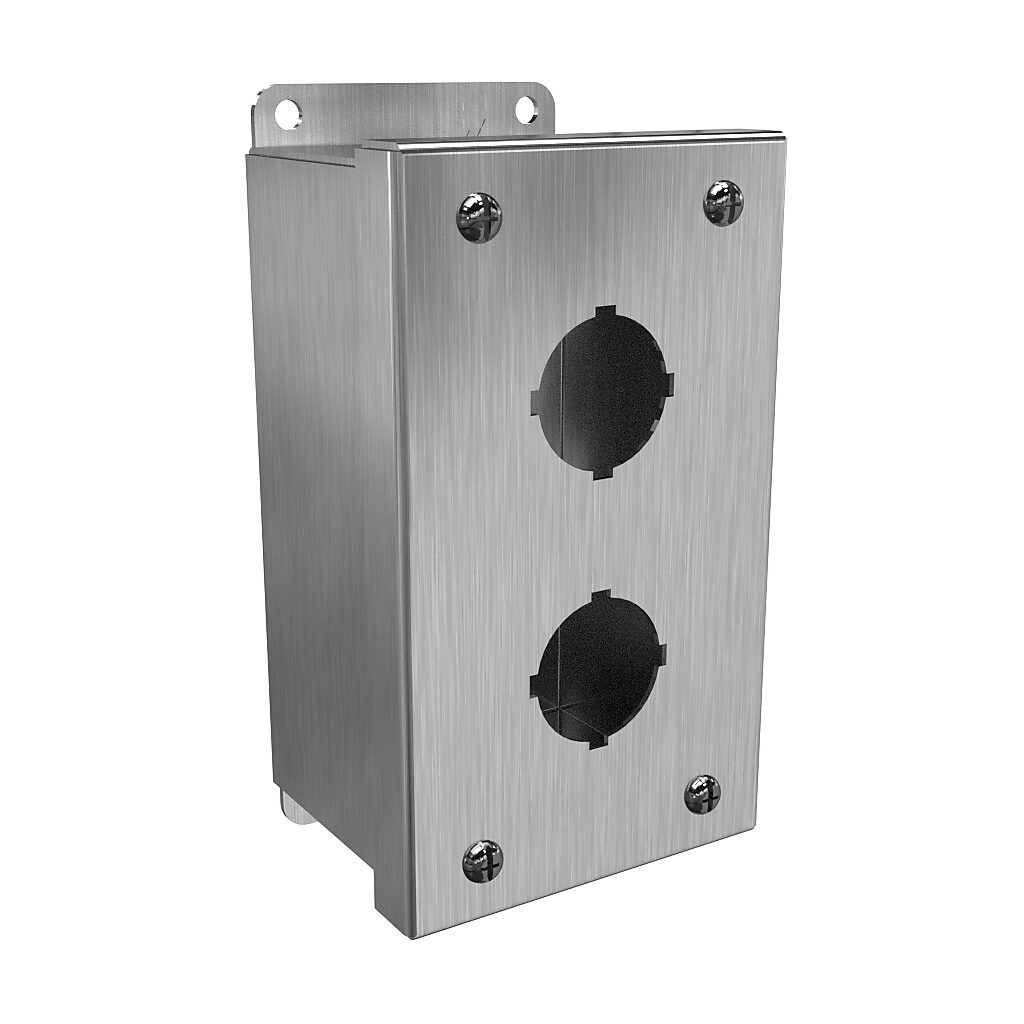 1435S16B - Hammond pushbutton enclosure, 2 holes, 30mm, NEMA 3R/4/4X, 6 x 4 x 3in (HxWxD), wall mount, 316 stainless steel, #4 brush finish, screw cover.