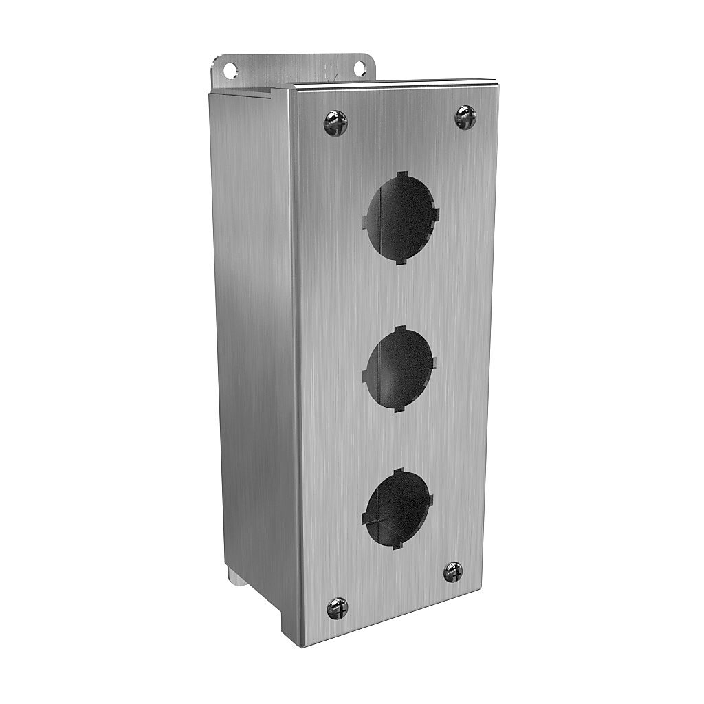 1435S16C - Hammond pushbutton enclosure, 3 holes, 30mm, NEMA 3R/4/4X, 8 x 4 x 3in (HxWxD), wall mount, 316 stainless steel, #4 brush finish, screw cover.