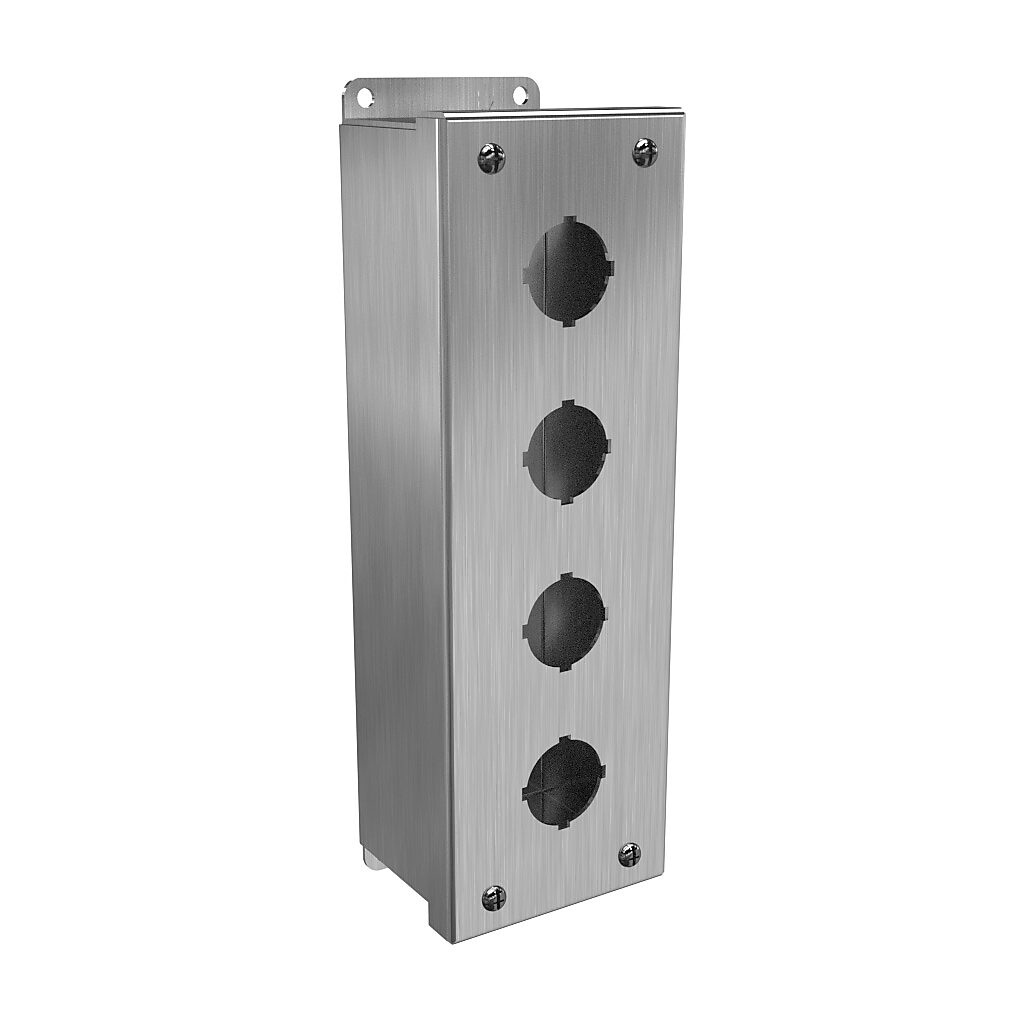 1435S16D - Hammond pushbutton enclosure, 4 holes, 30mm, NEMA 3R/4/4X, 11 x 4 x 3in (HxWxD), wall mount, 316 stainless steel, #4 brush finish, screw cover.