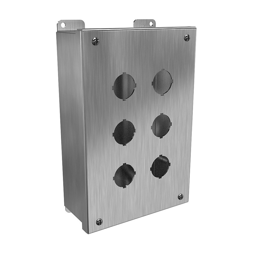 1435S16H - Hammond pushbutton enclosure, 6 holes, 30mm, NEMA 3R/4/4X, 10 x 7 x 3in (HxWxD), wall mount, 316 stainless steel, #4 brush finish, hinged screw cover.