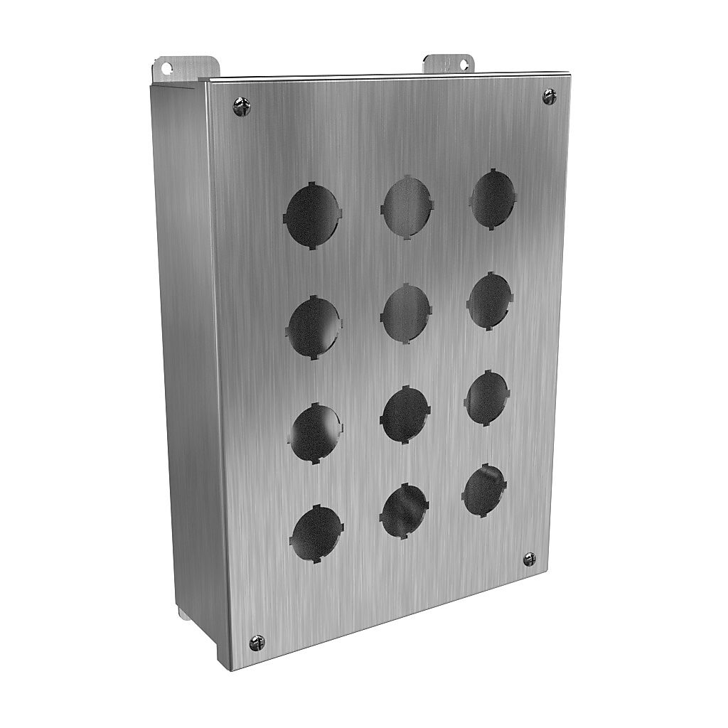 1435S16O - Hammond pushbutton enclosure, 12 holes, 30mm, NEMA 3R/4/4X, 12 x 9 x 3in (HxWxD), wall mount, 316 stainless steel, #4 brush finish, hinged screw cover.
