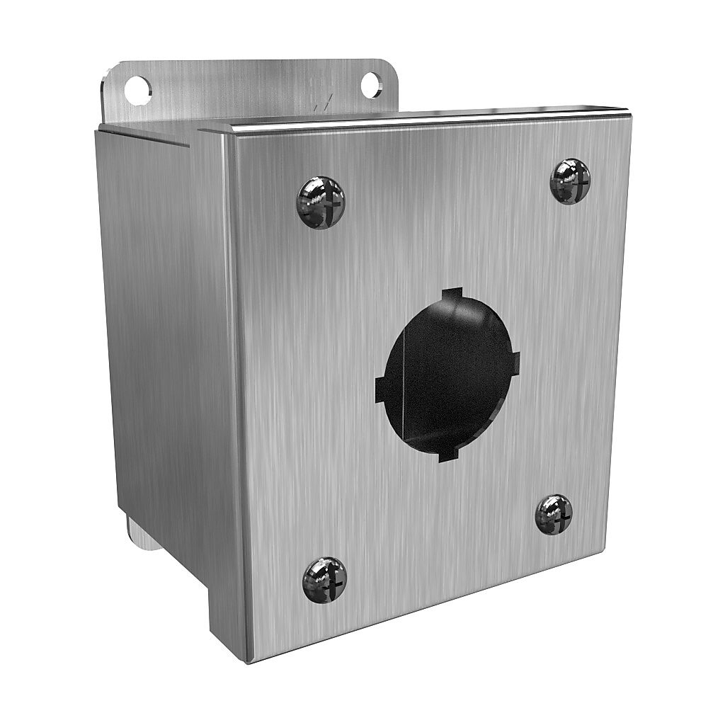 1435SSA - Hammond pushbutton enclosure, 1 hole, 30mm, NEMA 3R/4/4X, 4 x 4 x 3in (HxWxD), wall mount, 304 stainless steel, #4 brush finish, screw cover.