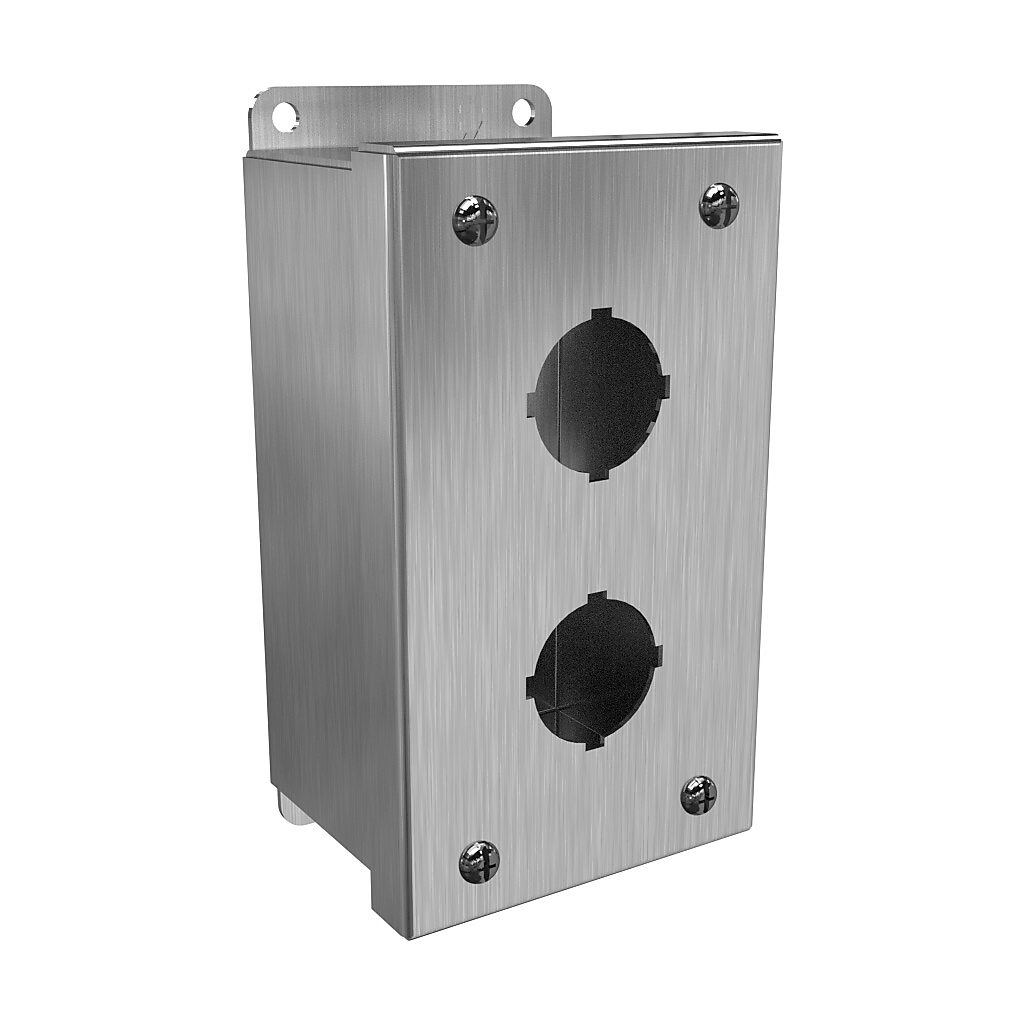 1435SSB - Hammond pushbutton enclosure, 2 holes, 30mm, NEMA 3R/4/4X, 6 x 4 x 3in (HxWxD), wall mount, 304 stainless steel, #4 brush finish, screw cover.
