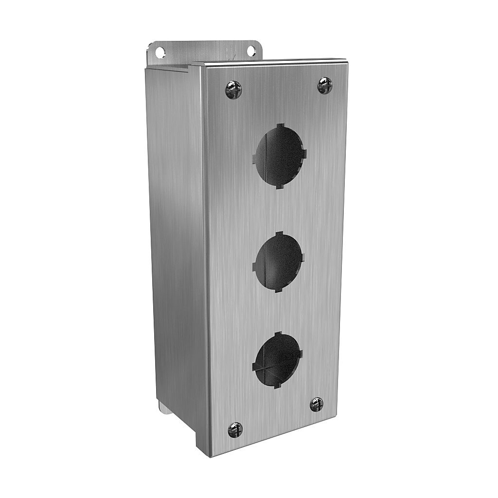 1435SSC - Hammond pushbutton enclosure, 3 holes, 30mm, NEMA 3R/4/4X, 8 x 4 x 3in (HxWxD), wall mount, 304 stainless steel, #4 brush finish, screw cover.