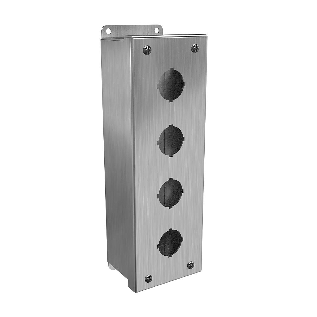 1435SSD - Hammond pushbutton enclosure, 4 holes, 30mm, NEMA 3R/4/4X, 11 x 4 x 3in (HxWxD), wall mount, 304 stainless steel, #4 brush finish, screw cover.