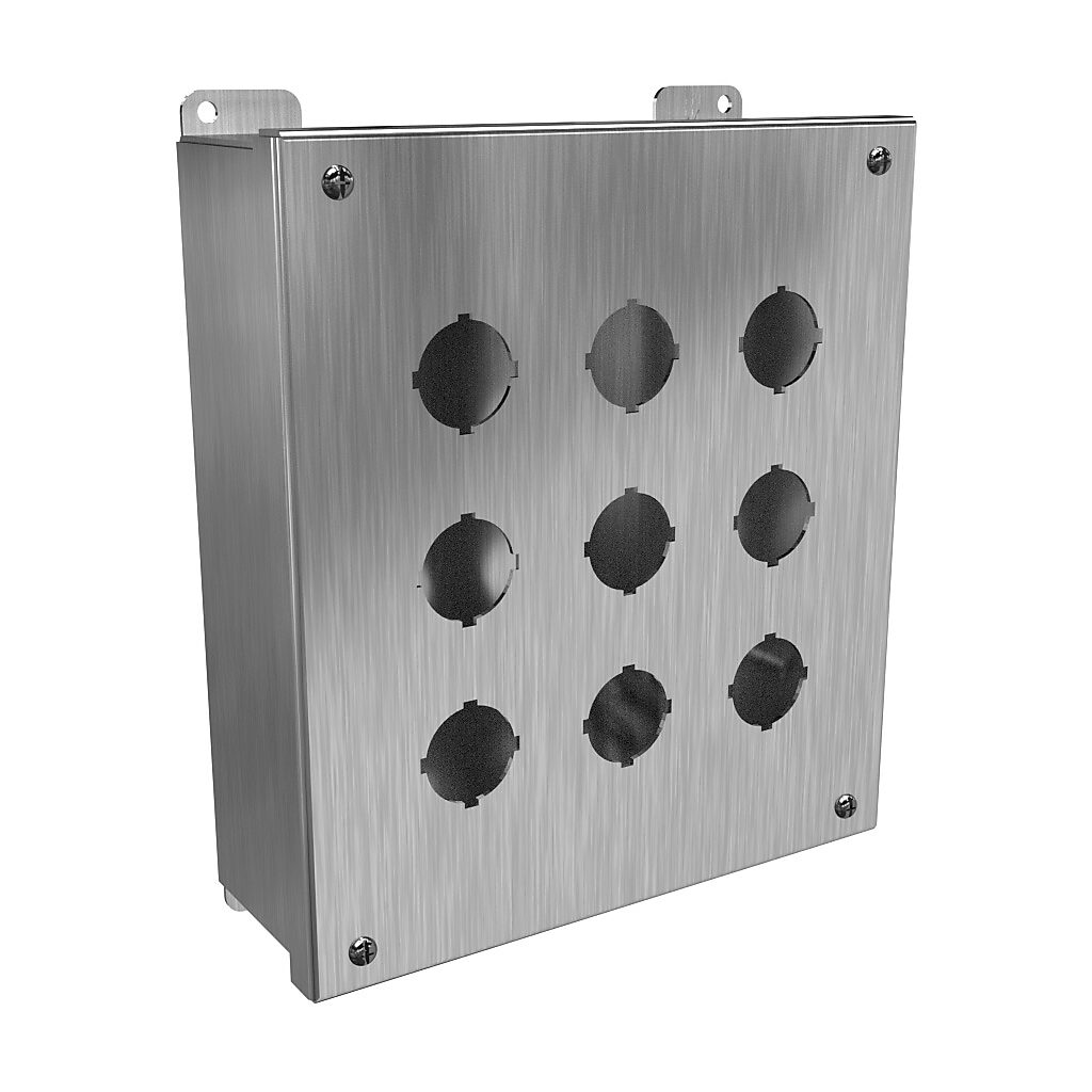 1435SSK - Hammond pushbutton enclosure, 9 holes, 30mm, NEMA 3R/4/4X, 10 x 9 x 3in (HxWxD), wall mount, 304 stainless steel, #4 brush finish, hinged screw cover.