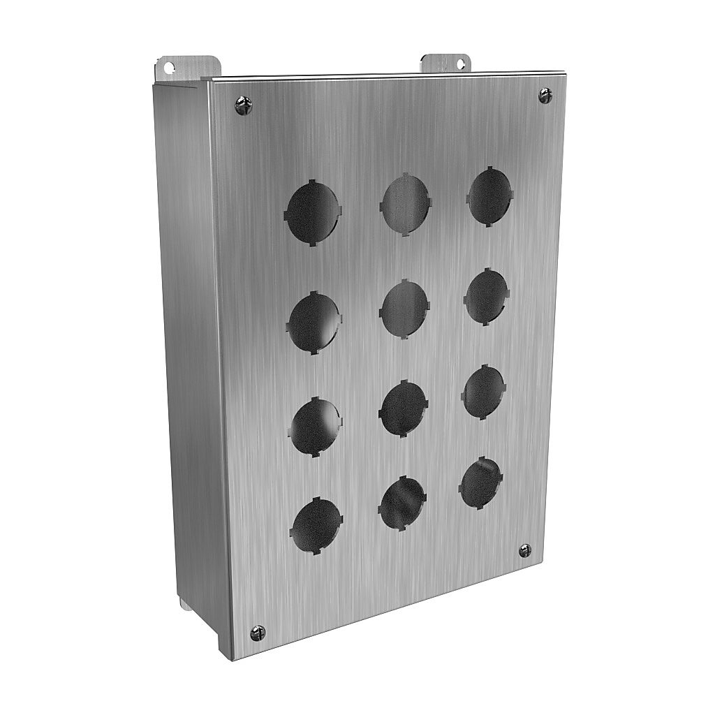 1435SSO - Hammond pushbutton enclosure, 12 holes, 30mm, NEMA 3R/4/4X, 12 x 9 x 3in (HxWxD), wall mount, 304 stainless steel, #4 brush finish, hinged screw cover.