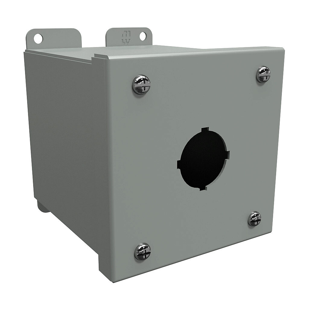 1437A - Hammond pushbutton enclosure, 1 hole, 30mm, NEMA 12/13, 4 x 4 x 5in (HxWxD), wall mount, carbon steel, ANSI 61 gray, powder coat finish, screw cover.
