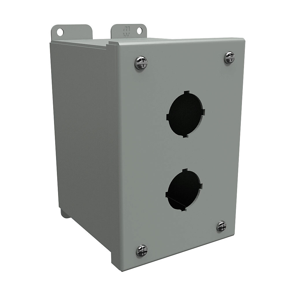 1437B - Hammond pushbutton enclosure, 2 holes, 30mm, NEMA 12/13, 6 x 4 x 5in (HxWxD), wall mount, carbon steel, ANSI 61 gray, powder coat finish, hinged screw cover.
