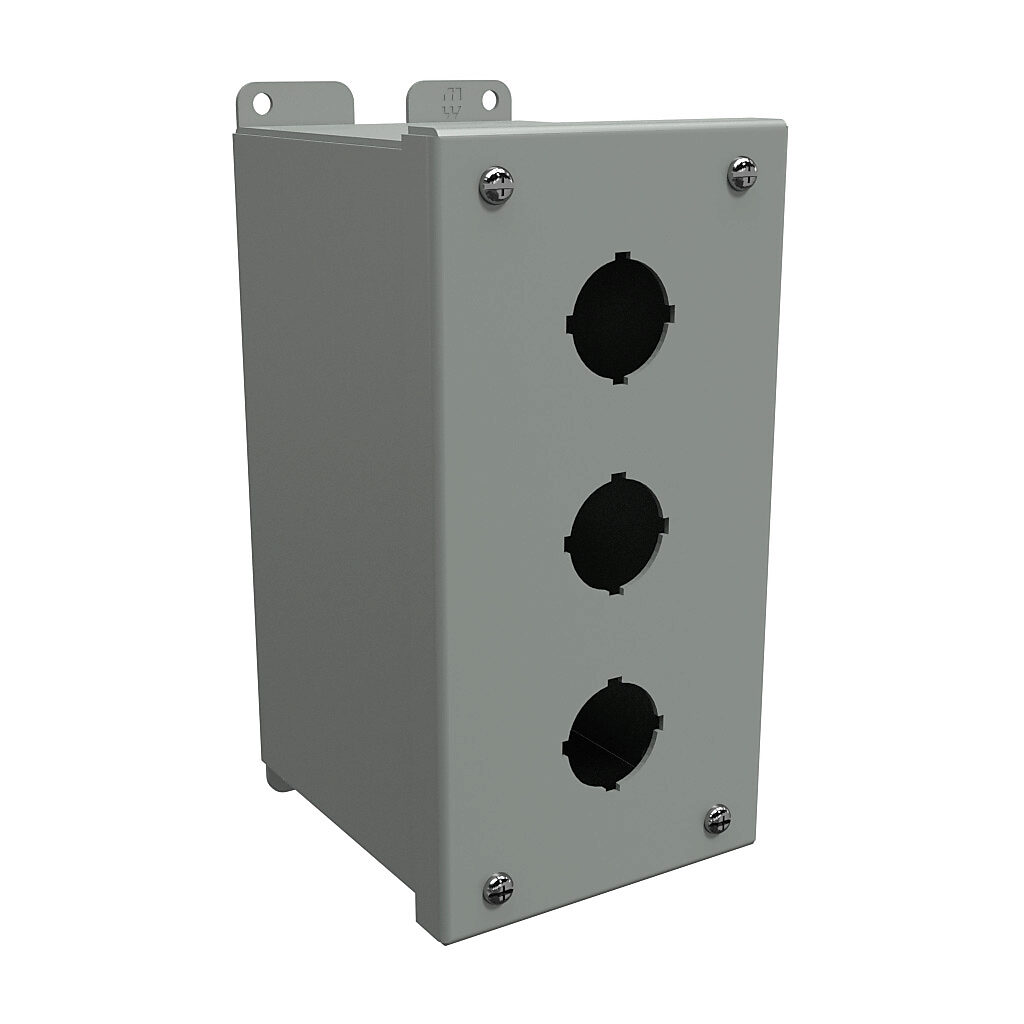 1437C - Hammond pushbutton enclosure, 3 holes, 30mm, NEMA 12/13, 8 x 4 x 5in (HxWxD), wall mount, carbon steel, ANSI 61 gray, powder coat finish, hinged screw cover.