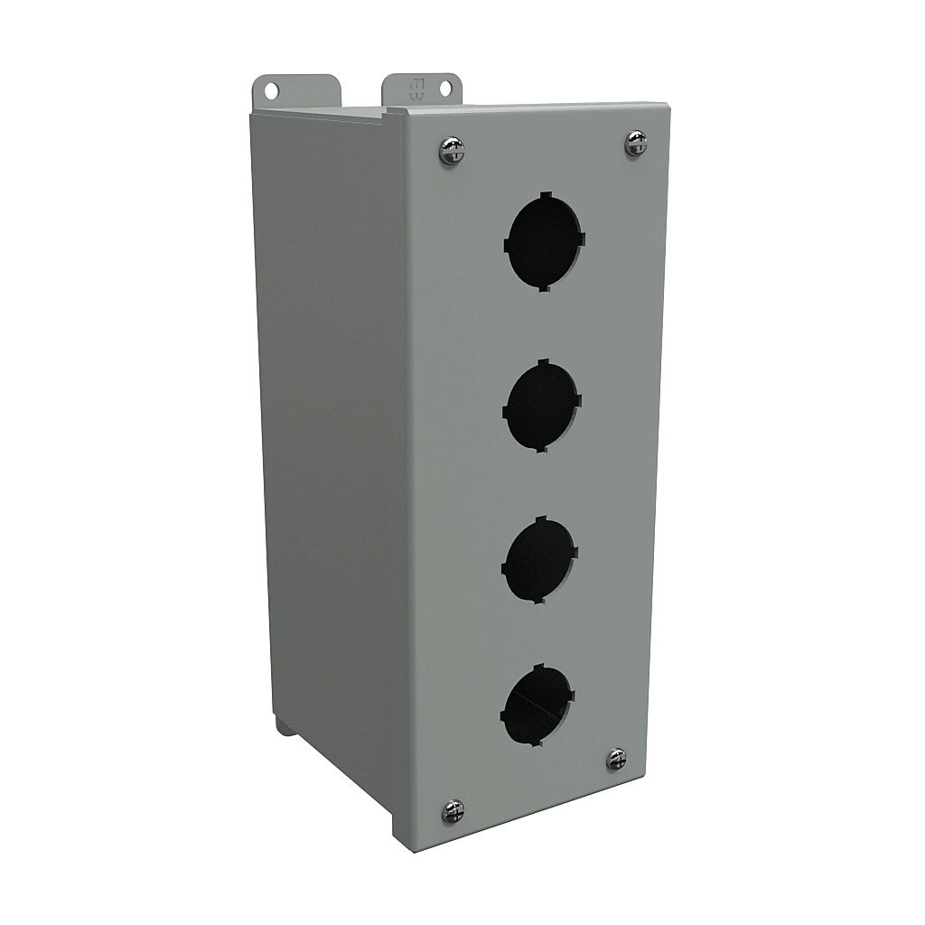 1437D - Hammond pushbutton enclosure, 4 holes, 30mm, NEMA 12/13, 10 x 4 x 5in (HxWxD), wall mount, carbon steel, ANSI 61 gray, powder coat finish, hinged screw cover.