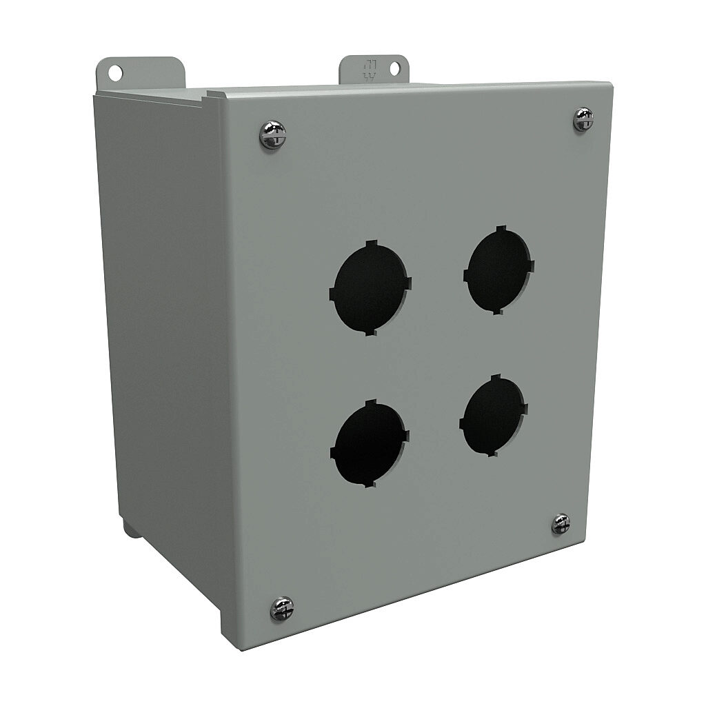 1437F - Hammond pushbutton enclosure, 4 holes, 30mm, NEMA 12/13, 8 x 7 x 5in (HxWxD), wall mount, carbon steel, ANSI 61 gray, powder coat finish, hinged screw cover.