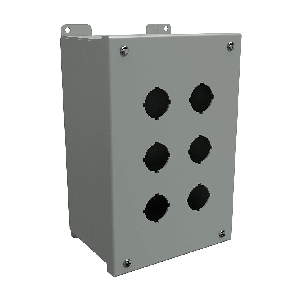 1437H - Hammond pushbutton enclosure, 6 holes, 30mm, NEMA 12/13, 10 x 7 x 5in (HxWxD), wall mount, carbon steel, ANSI 61 gray, powder coat finish, hinged screw cover.
