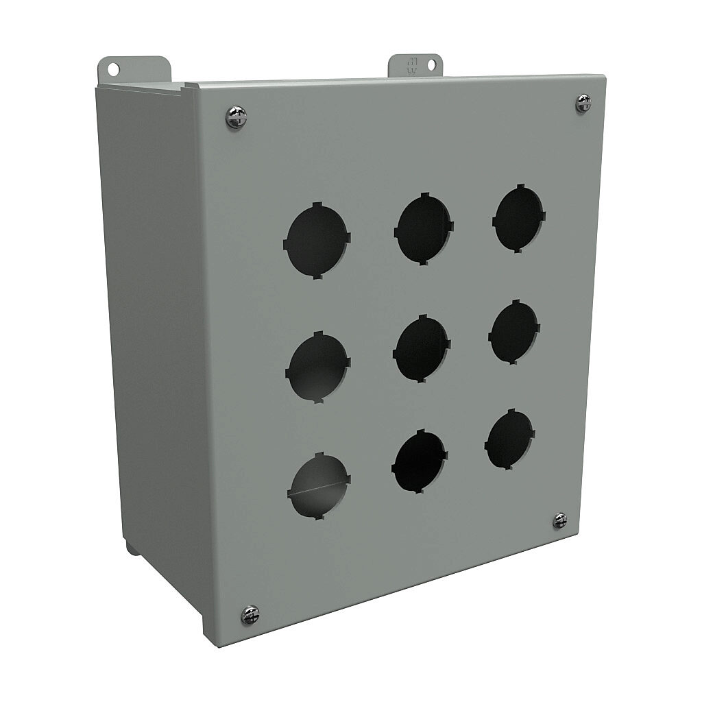 1437K - Hammond pushbutton enclosure, 9 holes, 30mm, NEMA 12/13, 10 x 9 x 5in (HxWxD), wall mount, carbon steel, ANSI 61 gray, powder coat finish, hinged screw cover.