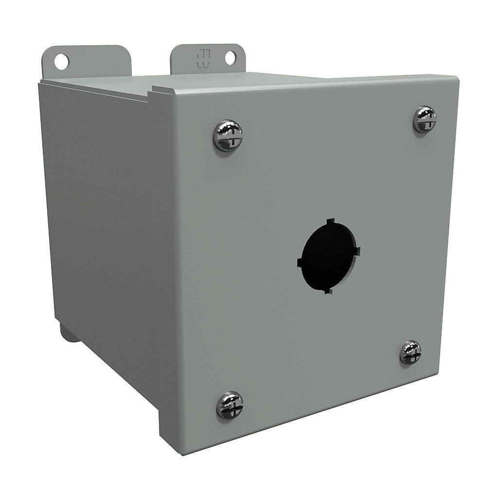 1437MA - Hammond pushbutton enclosure, 1 hole, 22mm, NEMA 12/13, 4 x 4 x 5in (HxWxD), wall mount, carbon steel, ANSI 61 gray, powder coat finish, screw cover.