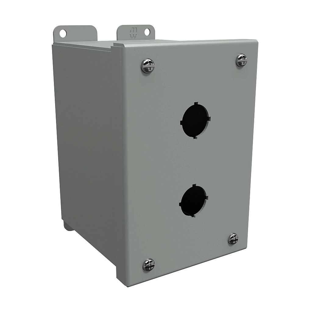 1437MB - Hammond pushbutton enclosure, 2 holes, 22mm, NEMA 12/13, 6 x 4 x 5in (HxWxD), wall mount, carbon steel, ANSI 61 gray, powder coat finish, hinged screw cover.
