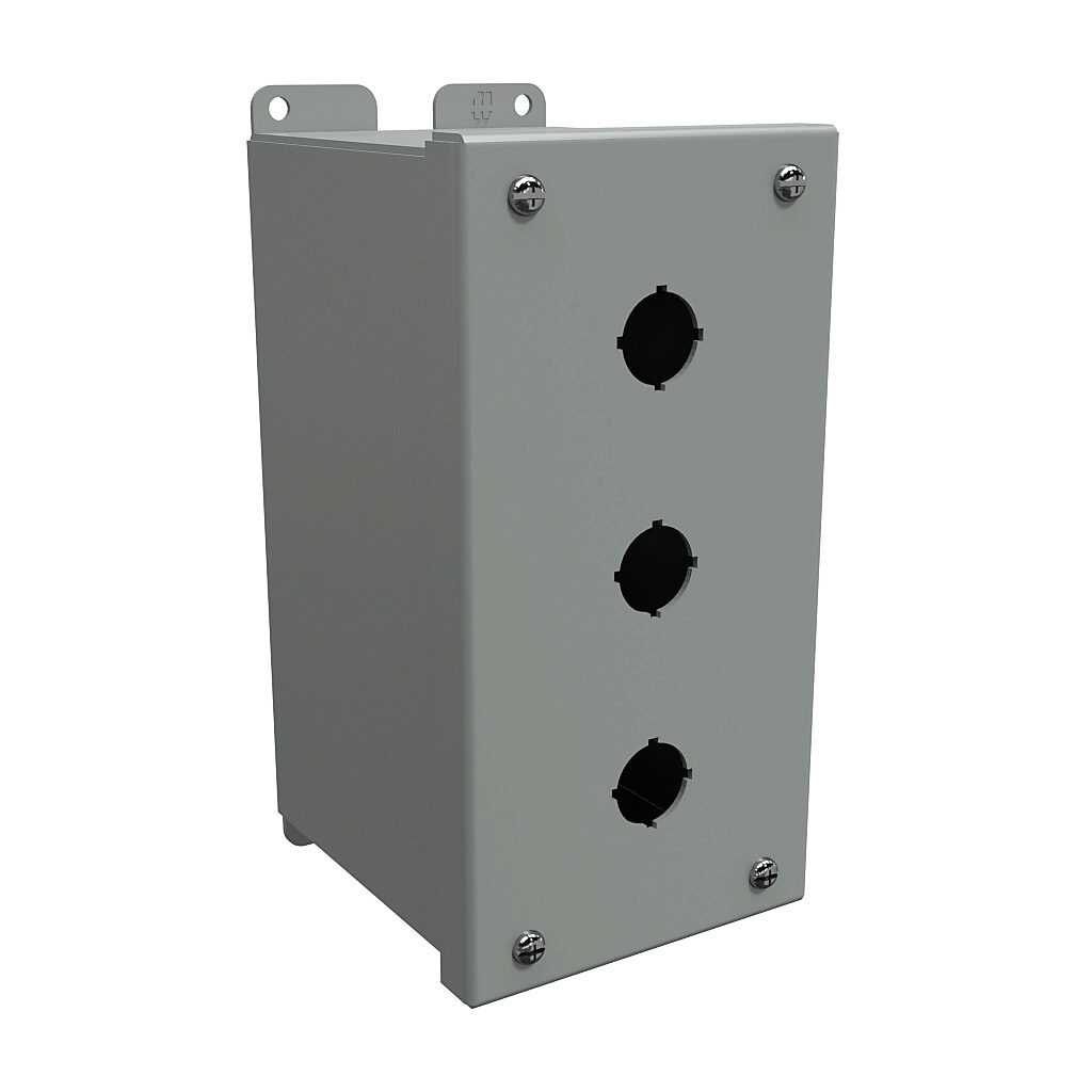 1437MC - Hammond pushbutton enclosure, 3 holes, 22mm, NEMA 12/13, 8 x 4 x 5in (HxWxD), wall mount, carbon steel, ANSI 61 gray, powder coat finish, hinged screw cover.