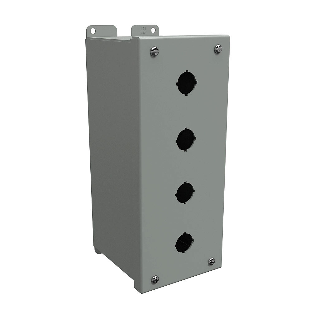 1437MD - Hammond pushbutton enclosure, 4 holes, 22mm, NEMA 12/13, 10 x 4 x 5in (HxWxD), wall mount, carbon steel, ANSI 61 gray, powder coat finish, hinged screw cover.