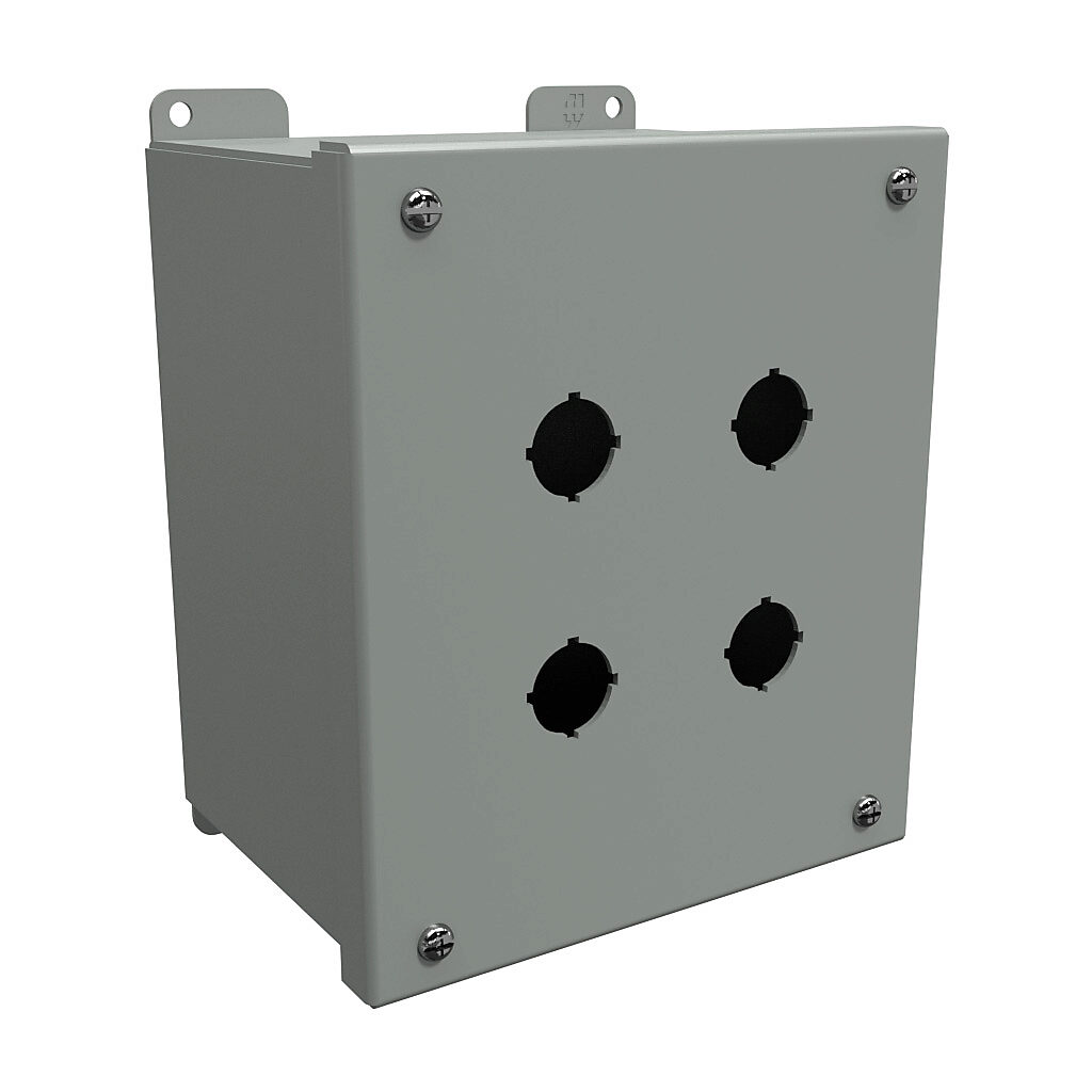 1437MF - Hammond pushbutton enclosure, 4 holes, 22mm, NEMA 12/13, 8 x 7 x 5in (HxWxD), wall mount, carbon steel, ANSI 61 gray, powder coat finish, hinged screw cover.