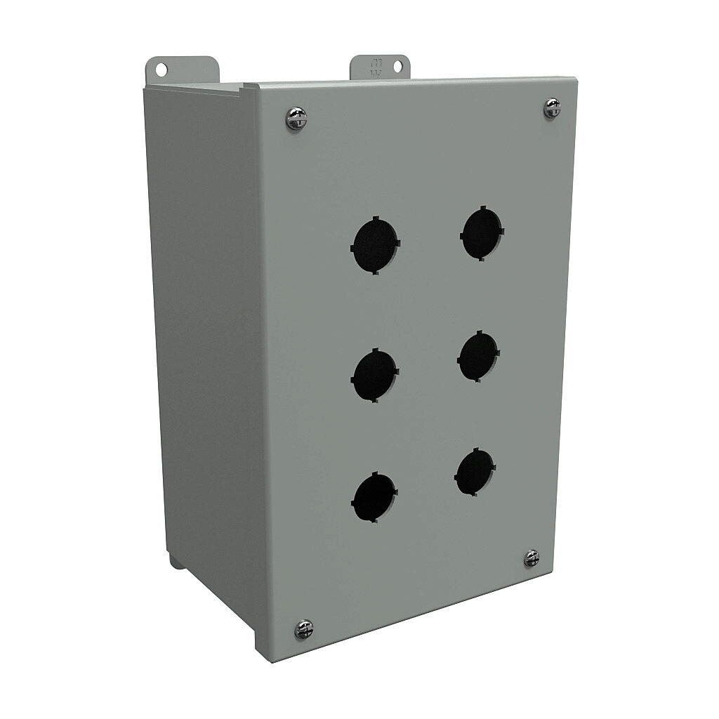 1437MH - Hammond pushbutton enclosure, 6 holes, 22mm, NEMA 12/13, 10 x 7 x 5in (HxWxD), wall mount, carbon steel, ANSI 61 gray, powder coat finish, hinged screw cover.