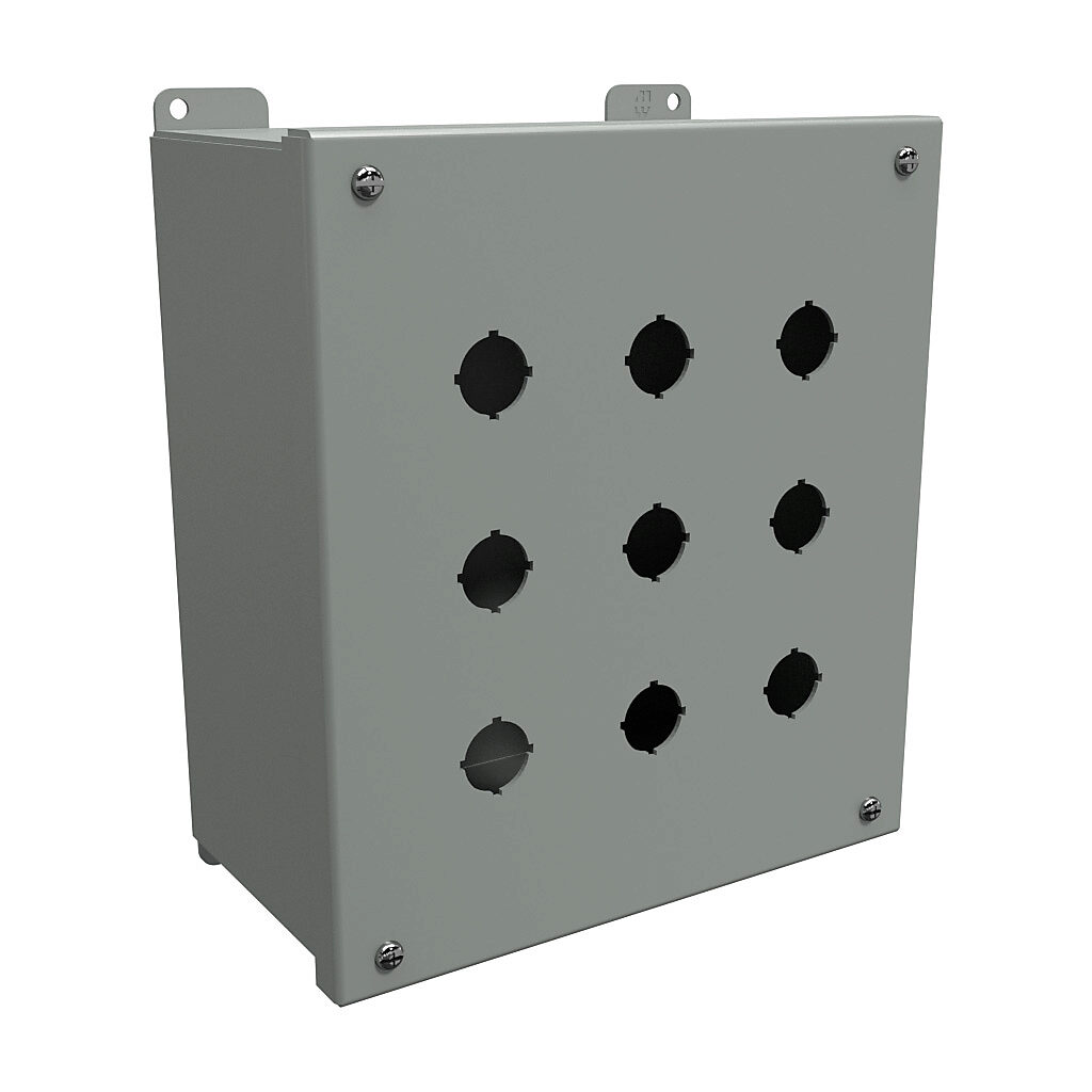 1437MK - Hammond pushbutton enclosure, 9 holes, 22mm, NEMA 12/13, 10 x 9 x 5in (HxWxD), wall mount, carbon steel, ANSI 61 gray, powder coat finish, hinged screw cover.