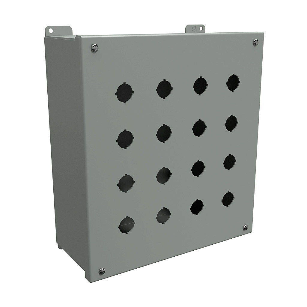 1437MS - Hammond pushbutton enclosure, 16 holes, 22mm, NEMA 12/13, 12 x 11 x 5in (HxWxD), wall mount, carbon steel, ANSI 61 gray, powder coat finish, hinged screw cover.