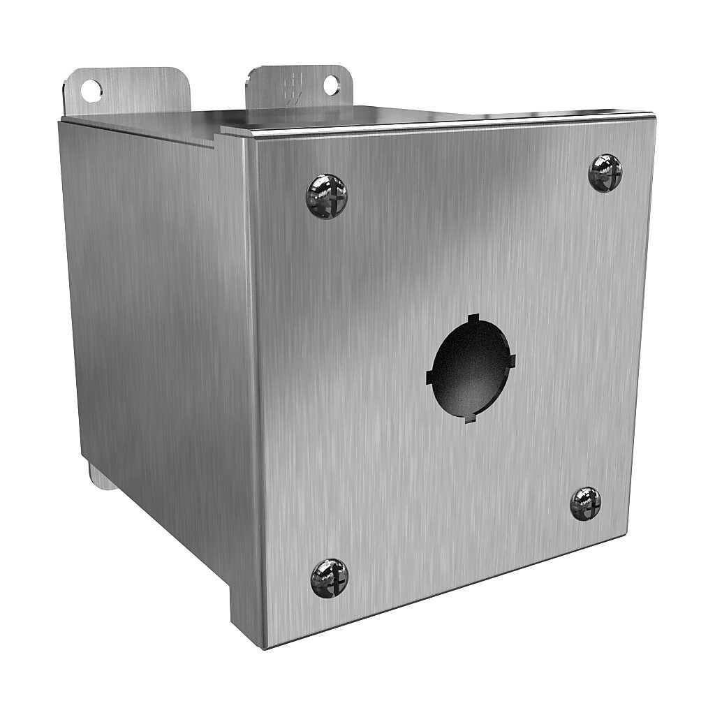 1437MS16A - Hammond pushbutton enclosure, 1 hole, 22mm, NEMA 4/4X, 4 x 4 x 5in (HxWxD), wall mount, 316 stainless steel, #4 brush finish, screw cover.