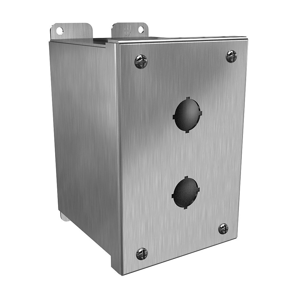 1437MS16B - Hammond pushbutton enclosure, 2 holes, 22mm, NEMA 4/4X, 6 x 4 x 5in (HxWxD), wall mount, 316 stainless steel, #4 brush finish, hinged screw cover.