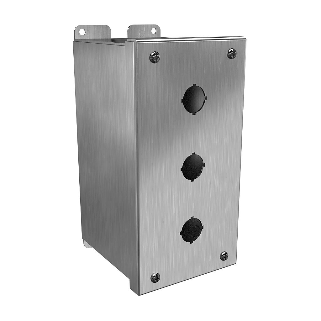 1437MS16C - Hammond pushbutton enclosure, 3 holes, 22mm, NEMA 4/4X, 8 x 4 x 5in (HxWxD), wall mount, 316 stainless steel, #4 brush finish, hinged screw cover.