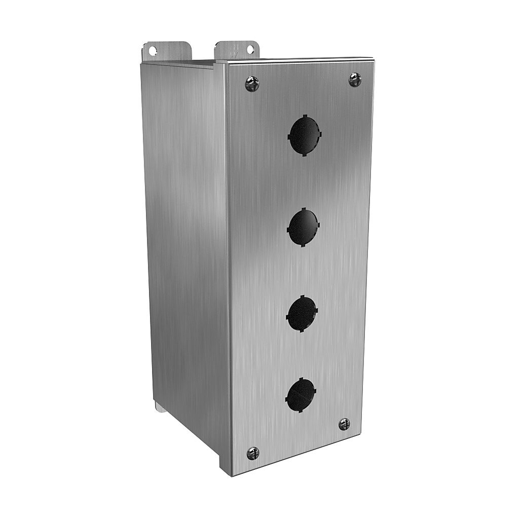 1437MS16D - Hammond pushbutton enclosure, 4 holes, 22mm, NEMA 4/4X, 10 x 4 x 5in (HxWxD), wall mount, 316 stainless steel, #4 brush finish, hinged screw cover.