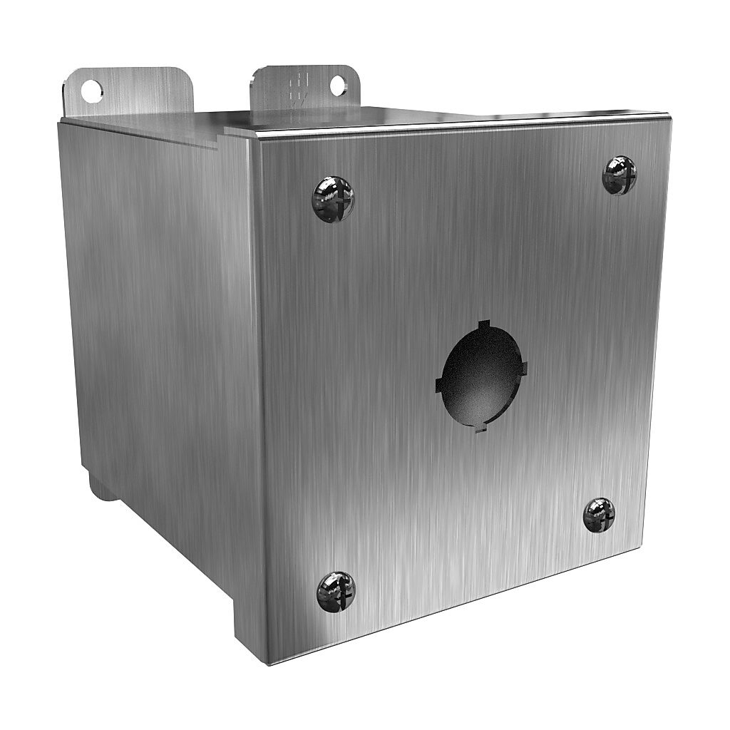 1437MSSA - Hammond pushbutton enclosure, 1 hole, 22mm, NEMA 4/4X, 4 x 4 x 5in (HxWxD), wall mount, 304 stainless steel, #4 brush finish, screw cover.