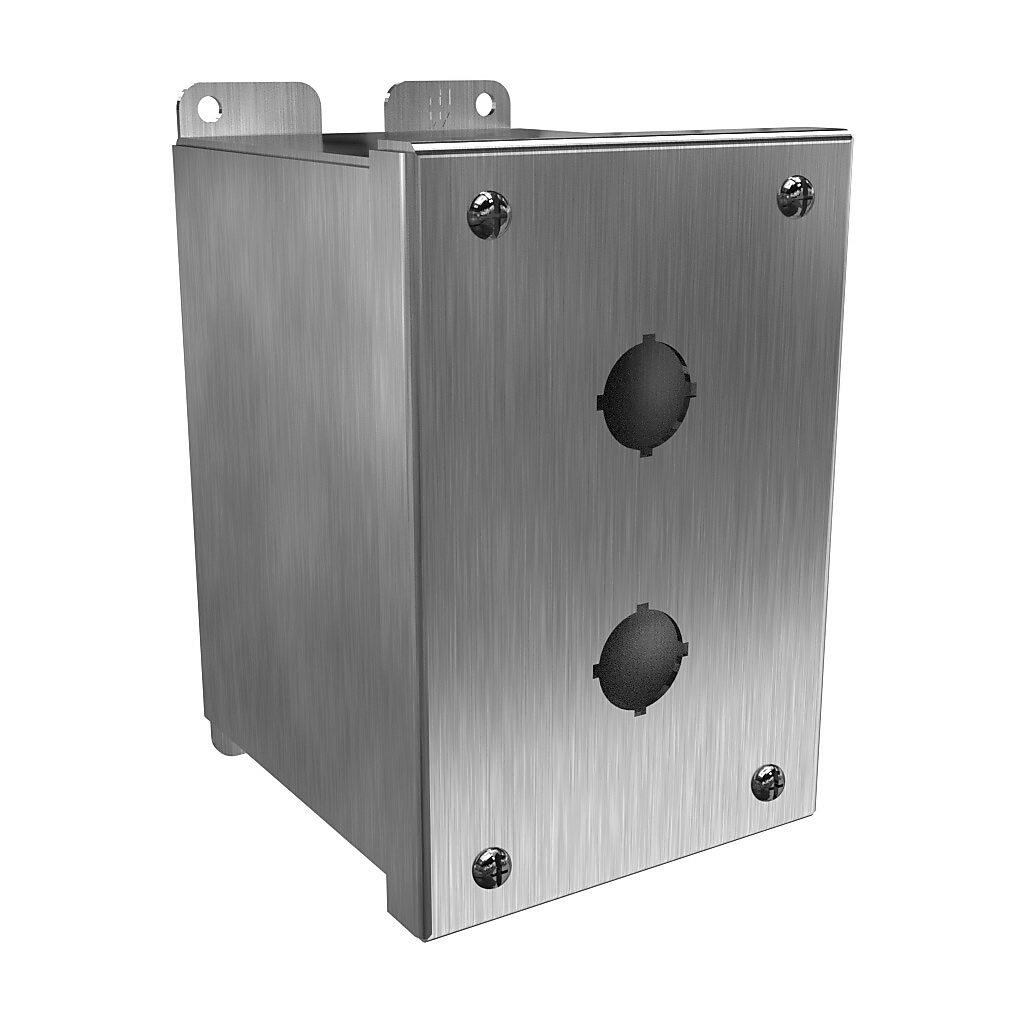 1437MSSB - Hammond pushbutton enclosure, 2 holes, 22mm, NEMA 4/4X, 6 x 4 x 5in (HxWxD), wall mount, 304 stainless steel, #4 brush finish, hinged screw cover.