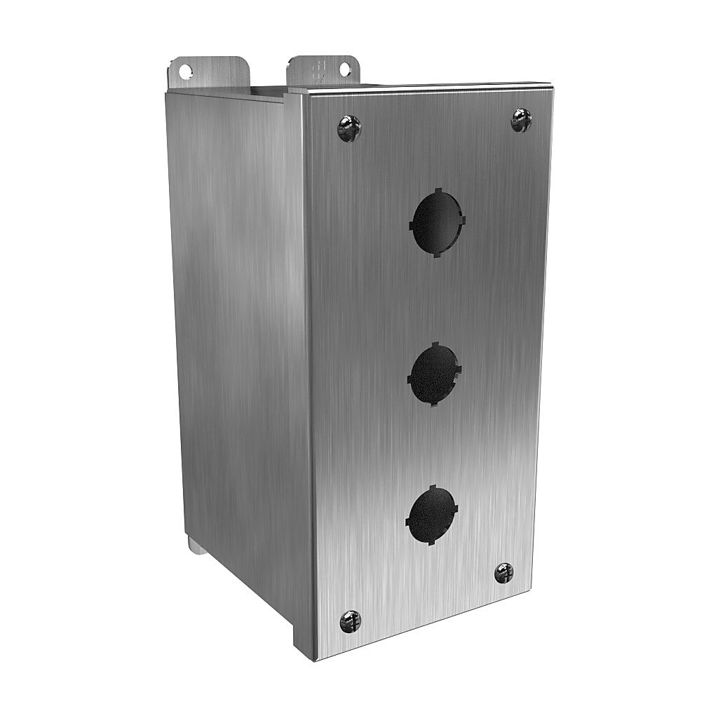 1437MSSC - Hammond pushbutton enclosure, 3 holes, 22mm, NEMA 4/4X, 8 x 4 x 5in (HxWxD), wall mount, 304 stainless steel, #4 brush finish, hinged screw cover.