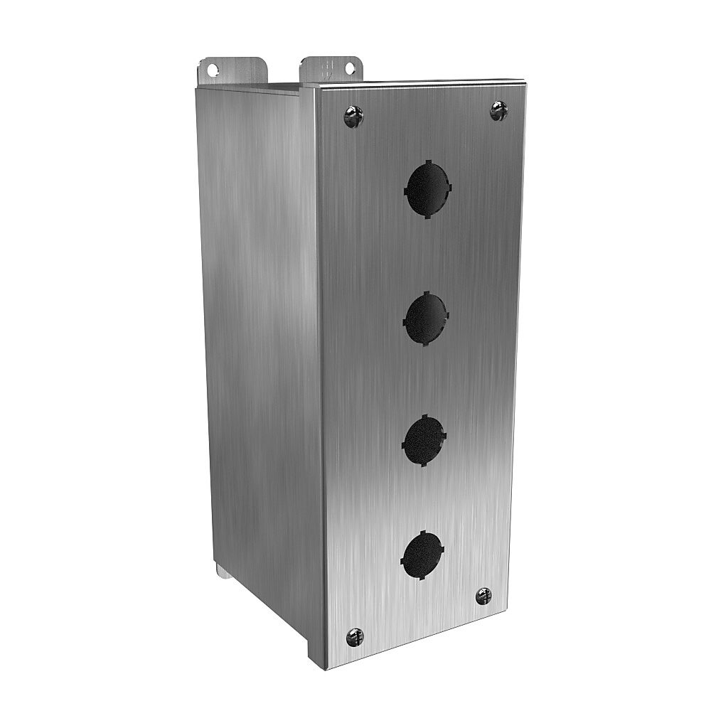 1437MSSD - Hammond pushbutton enclosure, 4 holes, 22mm, NEMA 4/4X, 10 x 4 x 5in (HxWxD), wall mount, 304 stainless steel, #4 brush finish, hinged screw cover.