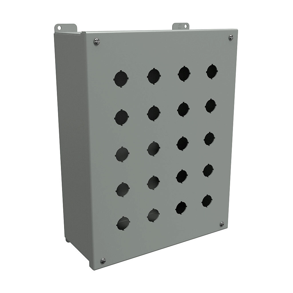 1437MV - Hammond pushbutton enclosure, 20 holes, 22mm, NEMA 12/13, 14 x 11 x 5in (HxWxD), wall mount, carbon steel, ANSI 61 gray, powder coat finish, hinged screw cover.