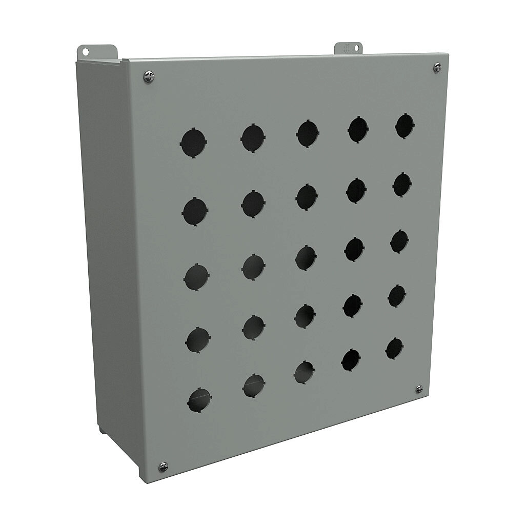 1437MX - Hammond pushbutton enclosure, 25 holes, 22mm, NEMA 12/13, 14 x 13 x 5in (HxWxD), wall mount, carbon steel, ANSI 61 gray, powder coat finish, hinged screw cover.