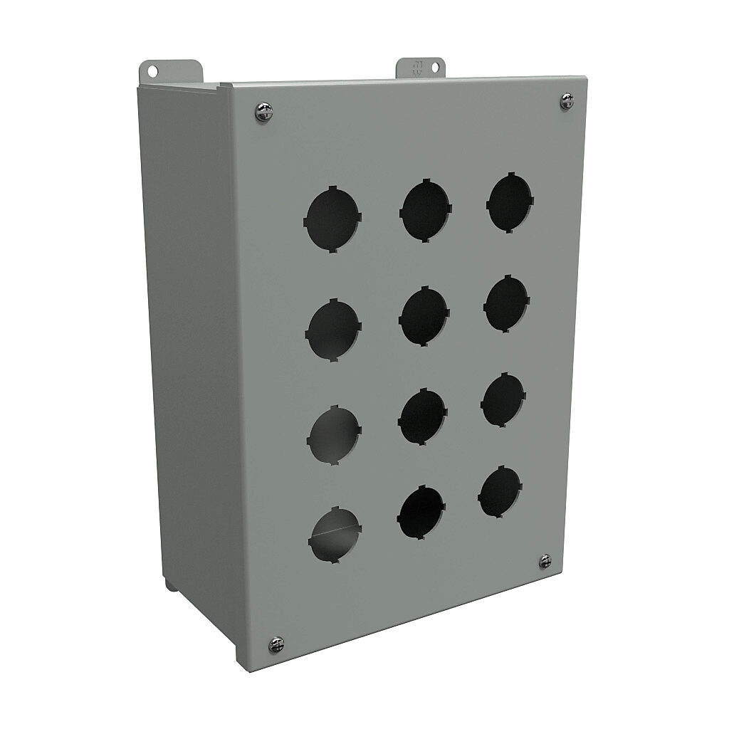1437O - Hammond pushbutton enclosure, 12 holes, 30mm, NEMA 12/13, 12 x 9 x 5in (HxWxD), wall mount, carbon steel, ANSI 61 gray, powder coat finish, hinged screw cover.