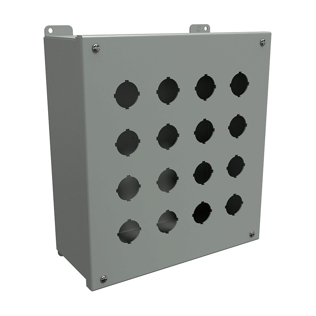 1437S - Hammond pushbutton enclosure, 16 holes, 30mm, NEMA 12/13, 12 x 11 x 5in (HxWxD), wall mount, carbon steel, ANSI 61 gray, powder coat finish, hinged screw cover.