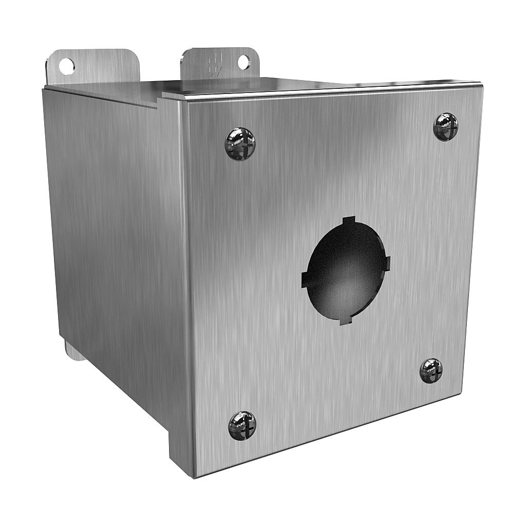 1437S16A - Hammond pushbutton enclosure, 1 hole, 30mm, NEMA 4/4X, 4 x 4 x 5in (HxWxD), wall mount, 316 stainless steel, #4 brush finish, screw cover.