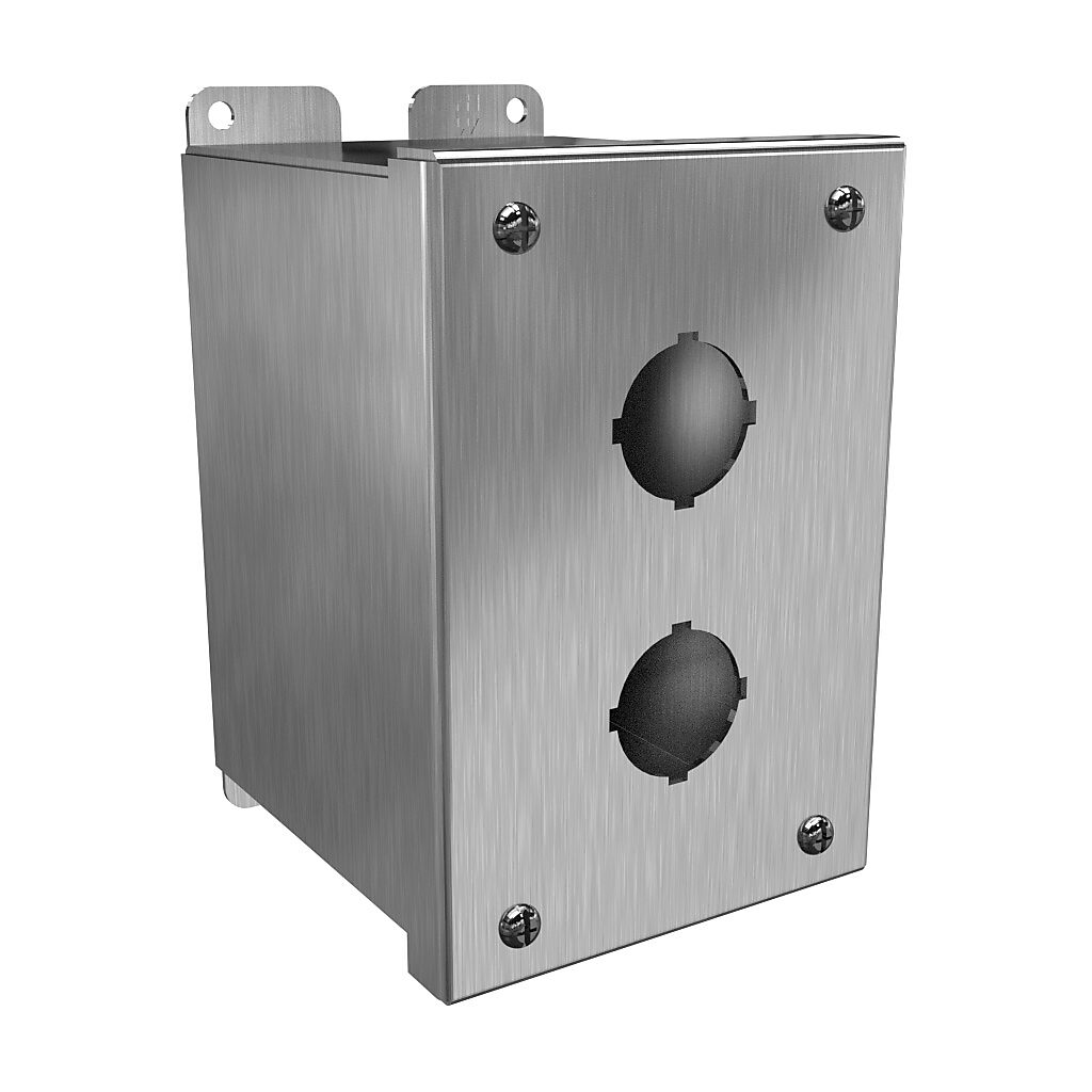1437S16B - Hammond pushbutton enclosure, 2 holes, 30mm, NEMA 4/4X, 6 x 4 x 5in (HxWxD), wall mount, 316 stainless steel, #4 brush finish, hinged screw cover.