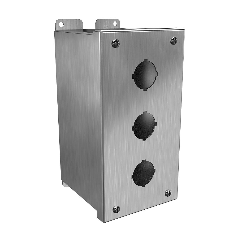 1437S16C - Hammond pushbutton enclosure, 3 holes, 30mm, NEMA 4/4X, 8 x 4 x 5in (HxWxD), wall mount, 316 stainless steel, #4 brush finish, hinged screw cover.