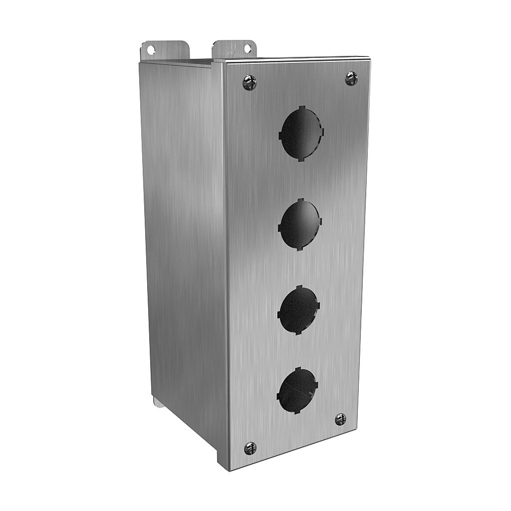 1437S16D - Hammond pushbutton enclosure, 4 holes, 30mm, NEMA 4/4X, 10 x 4 x 5in (HxWxD), wall mount, 316 stainless steel, #4 brush finish, hinged screw cover.