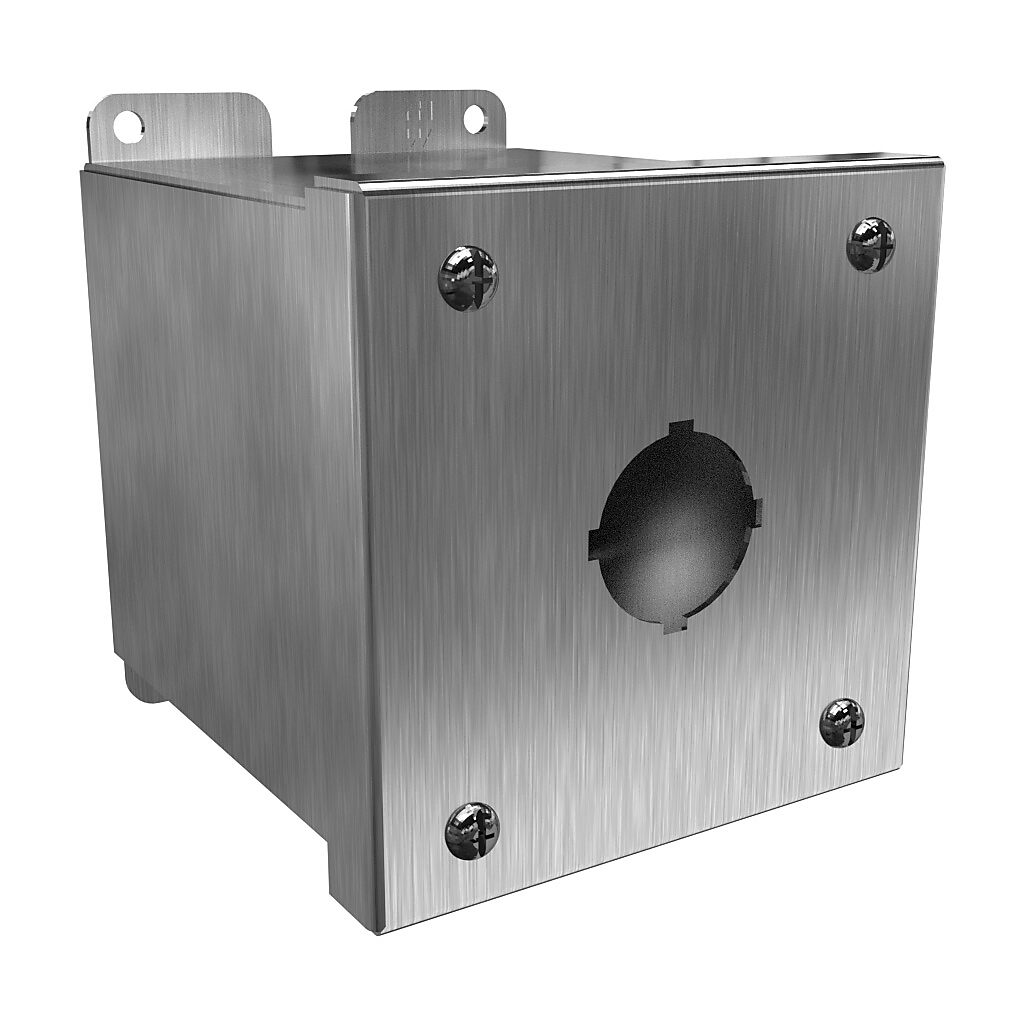 1437SSA - Hammond pushbutton enclosure, 1 hole, 30mm, NEMA 4/4X, 4 x 4 x 5in (HxWxD), wall mount, 304 stainless steel, #4 brush finish, screw cover.
